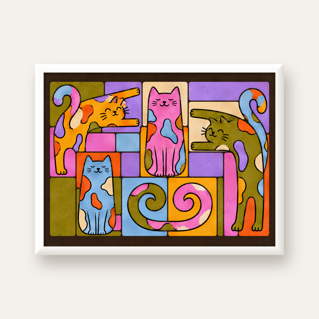 Renkli Geometrik Desenli Kediler Modern Poster — beyaz çerçeveli yatay poster