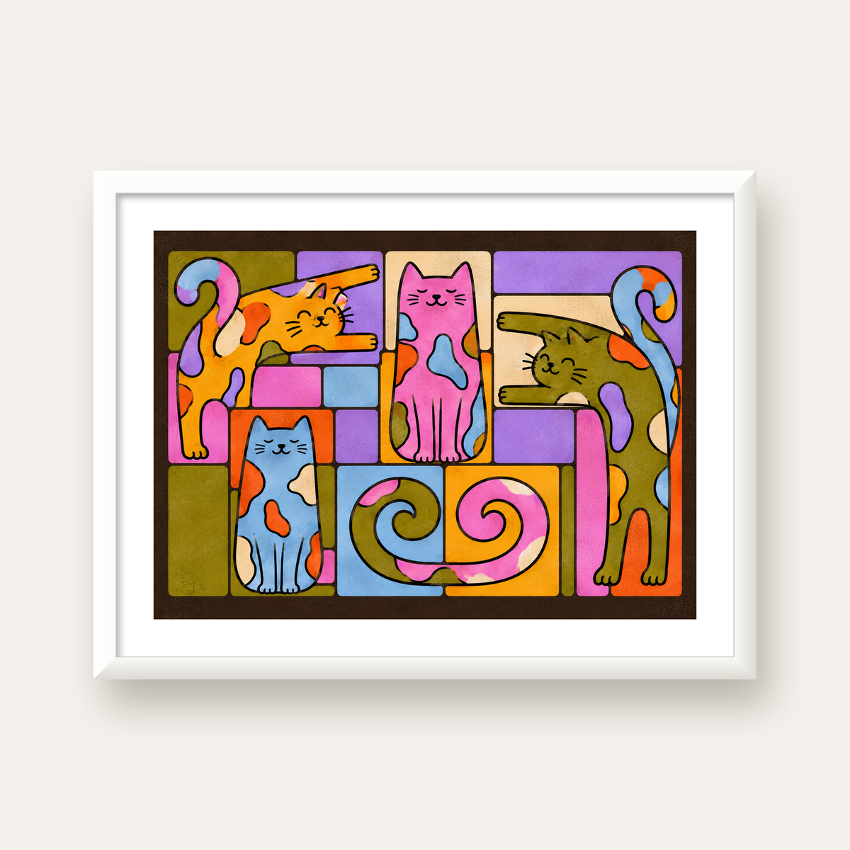 Renkli Geometrik Desenli Kediler Modern Poster — beyaz çerçeveli yatay poster