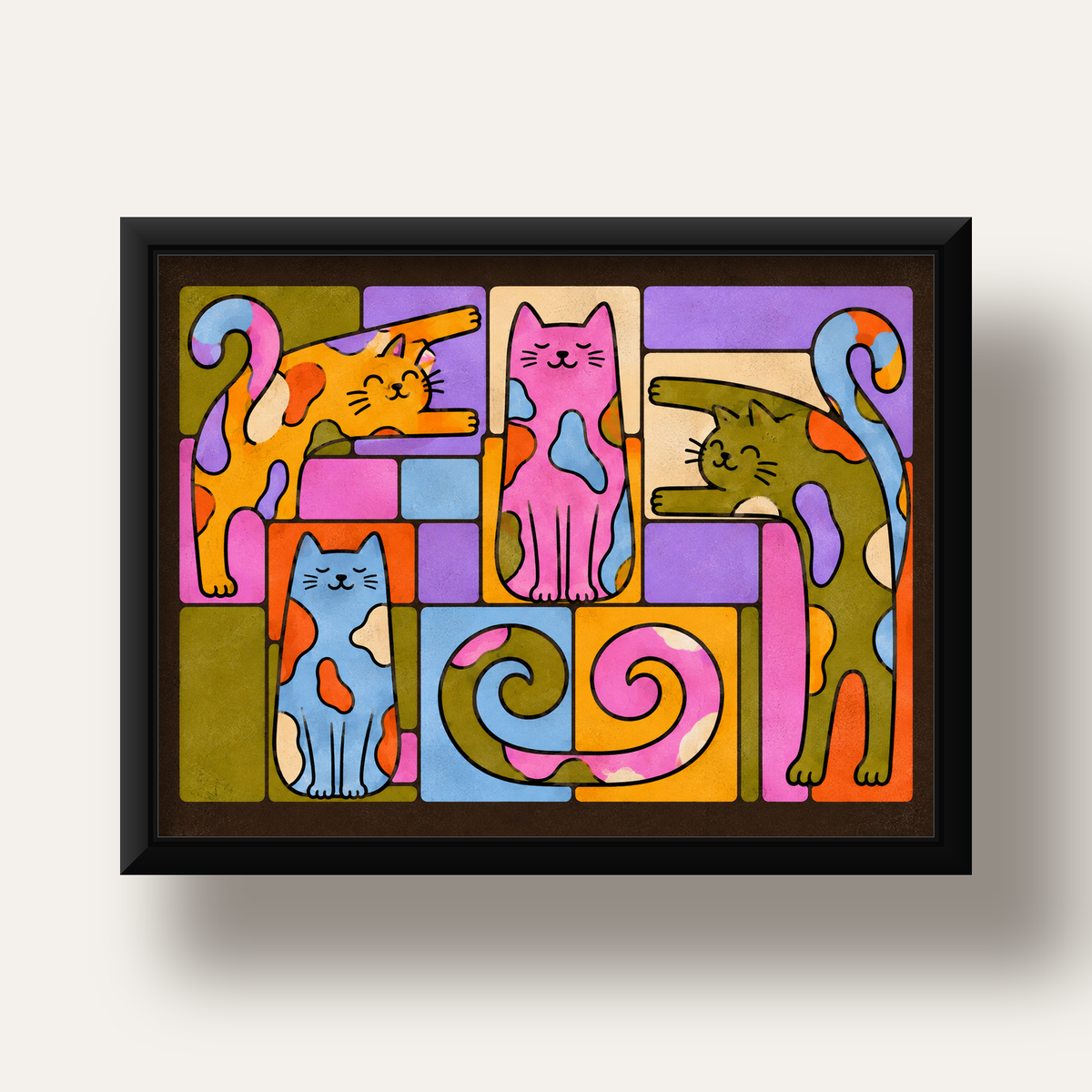 Renkli Geometrik Desenli Kediler Modern Poster — siyah derin çerçeveli
