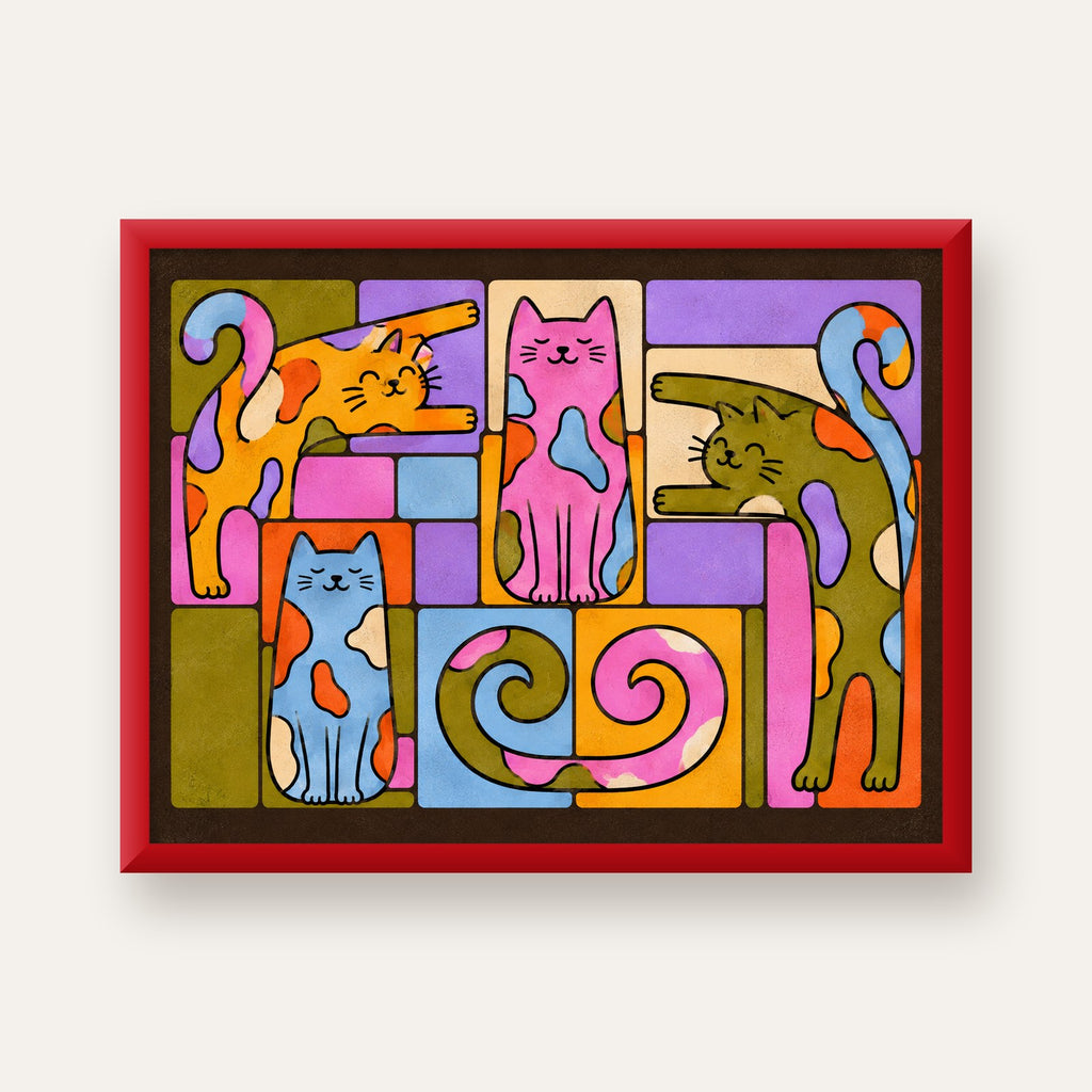 Renkli Geometrik Desenli Kediler Modern Poster — kırmızı çerçeveli