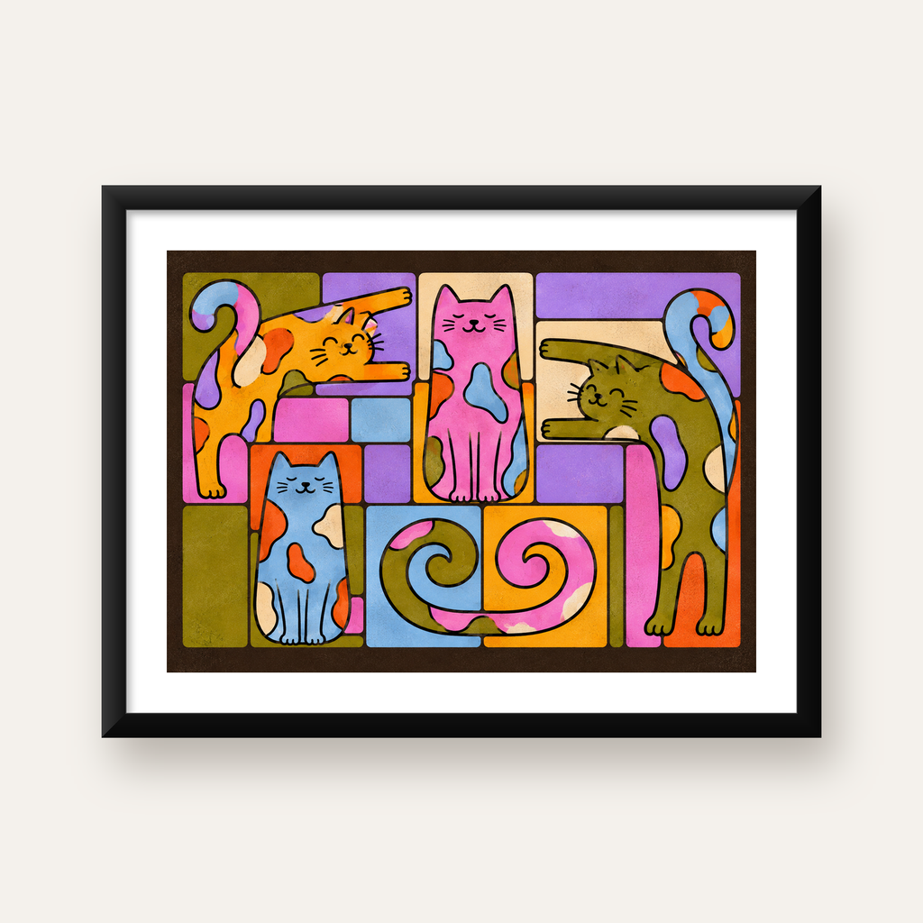 Renkli Geometrik Desenli Kediler Modern Poster — Yatay baskı, beyaz paspartulu