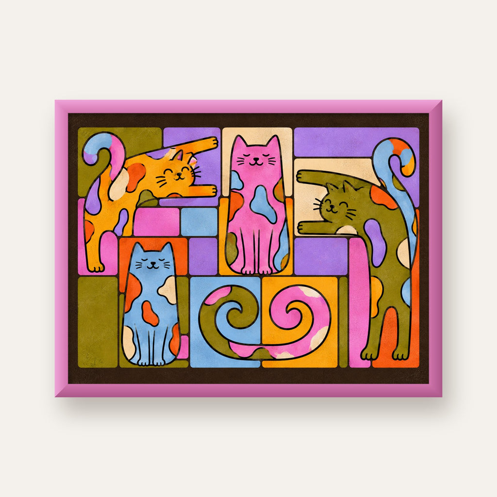 Renkli Geometrik Desenli Kediler Modern Poster — pembe çerçeveli