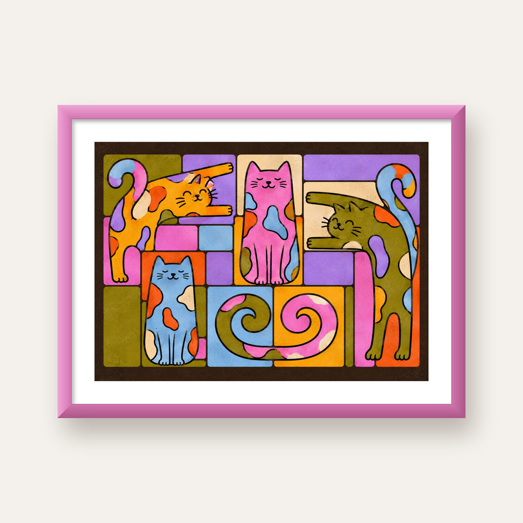 Renkli Geometrik Desenli Kediler Modern Poster — pembe çerçeveli paspartulu