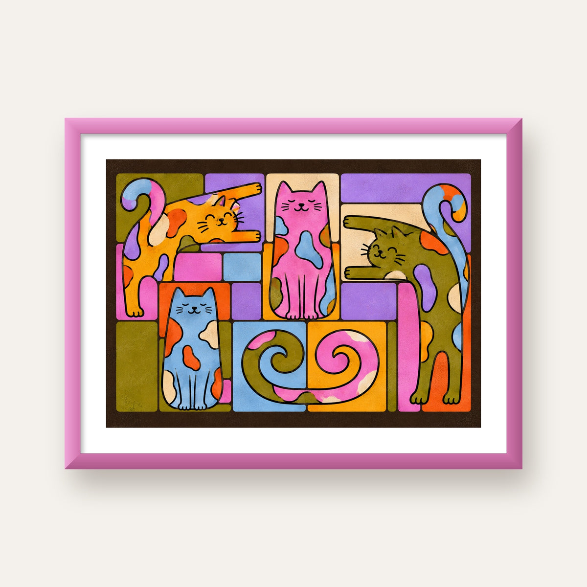 Renkli Geometrik Desenli Kediler Modern Poster — pembe çerçeveli paspartulu