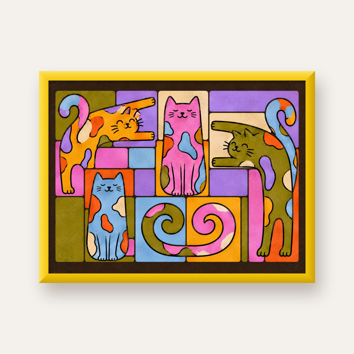 Renkli Geometrik Desenli Kediler Modern Poster — sarı çerçeveli