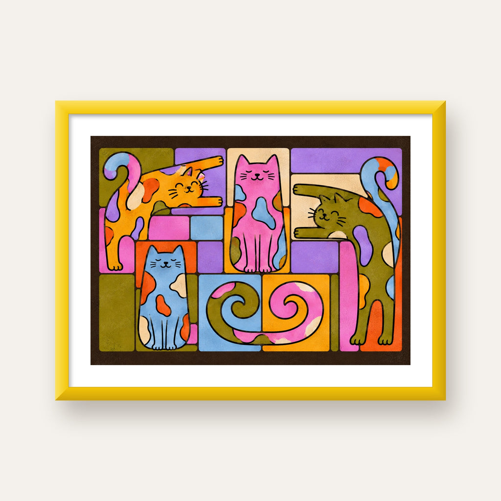 Renkli Geometrik Desenli Kediler Modern Poster — sarı çerçeveli paspartulu