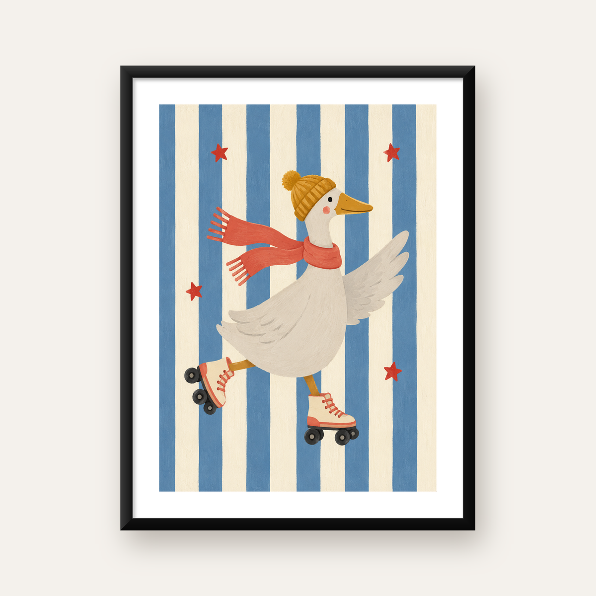 Paten Kayan Sevimli Ördek Çizgi Film Poster Sanatı — Dikey baskı, beyaz kenar boşluklu