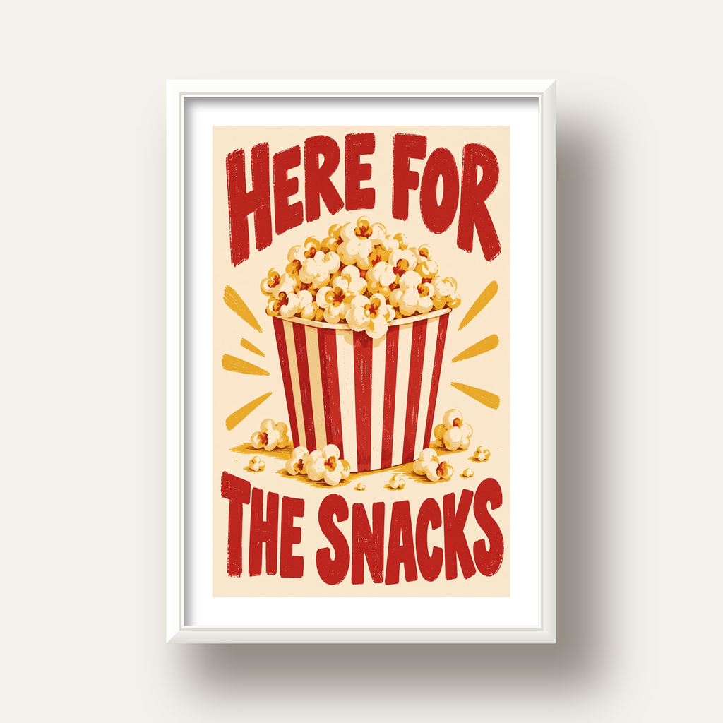 Here for the Snacks Vintage Patlamış Mısır Poster — beyaz derin çerçeveli paspartulu