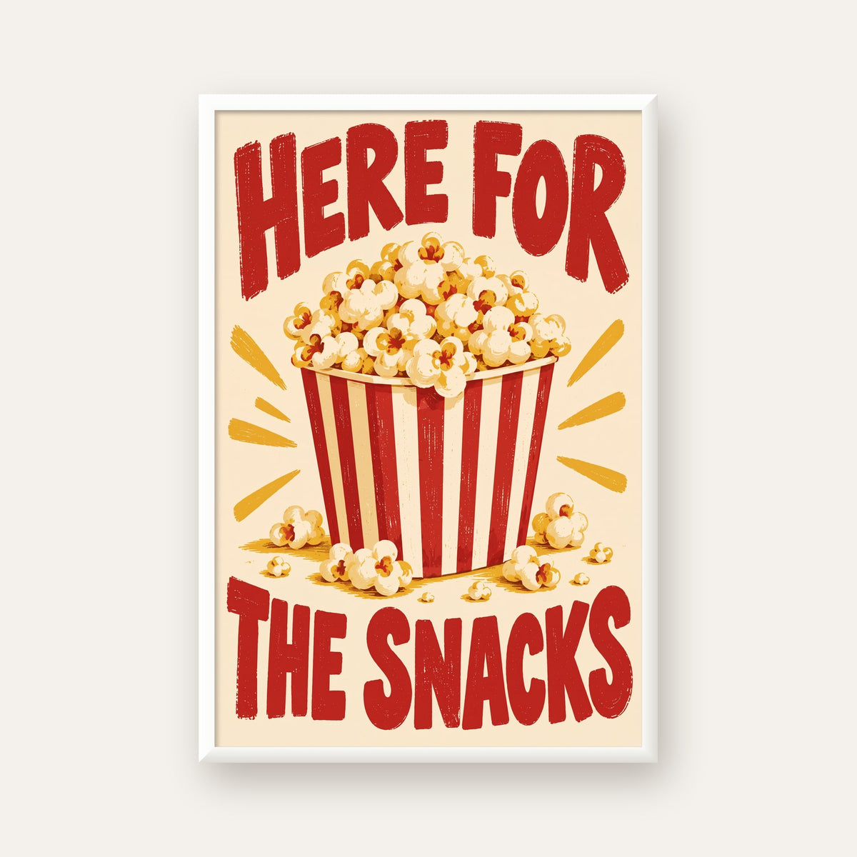 Here for the Snacks Vintage Patlamış Mısır Poster — beyaz çerçeveli dikey poster