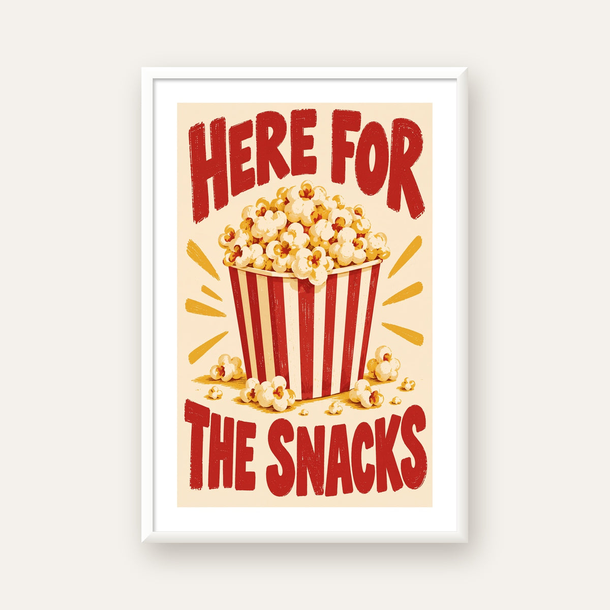 Here for the Snacks Vintage Patlamış Mısır Poster — beyaz çerçeveli dikey poster