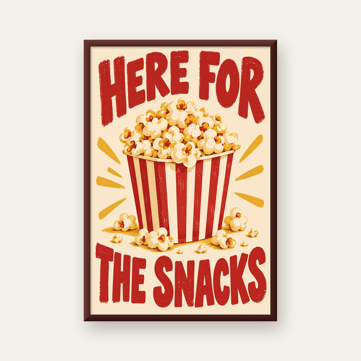 Here for the Snacks Vintage Patlamış Mısır Poster — ceviz çerçeveli