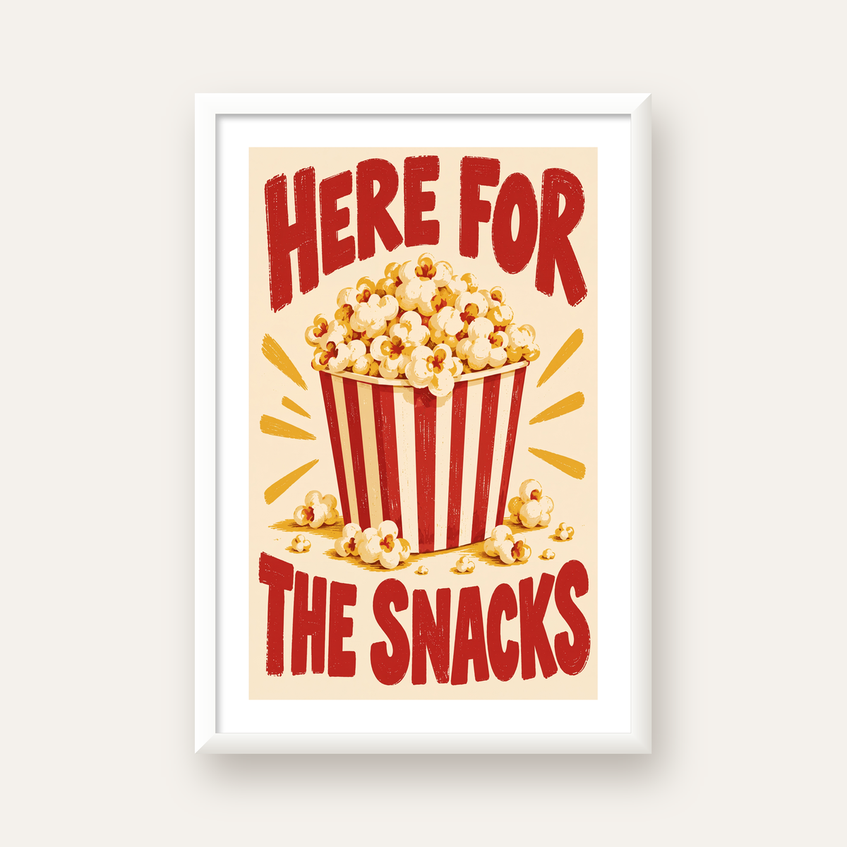 Here for the Snacks Vintage Patlamış Mısır Poster — beyaz çerçeveli dikey poster