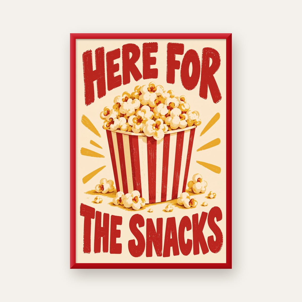 Here for the Snacks Vintage Patlamış Mısır Poster — kırmızı çerçeveli