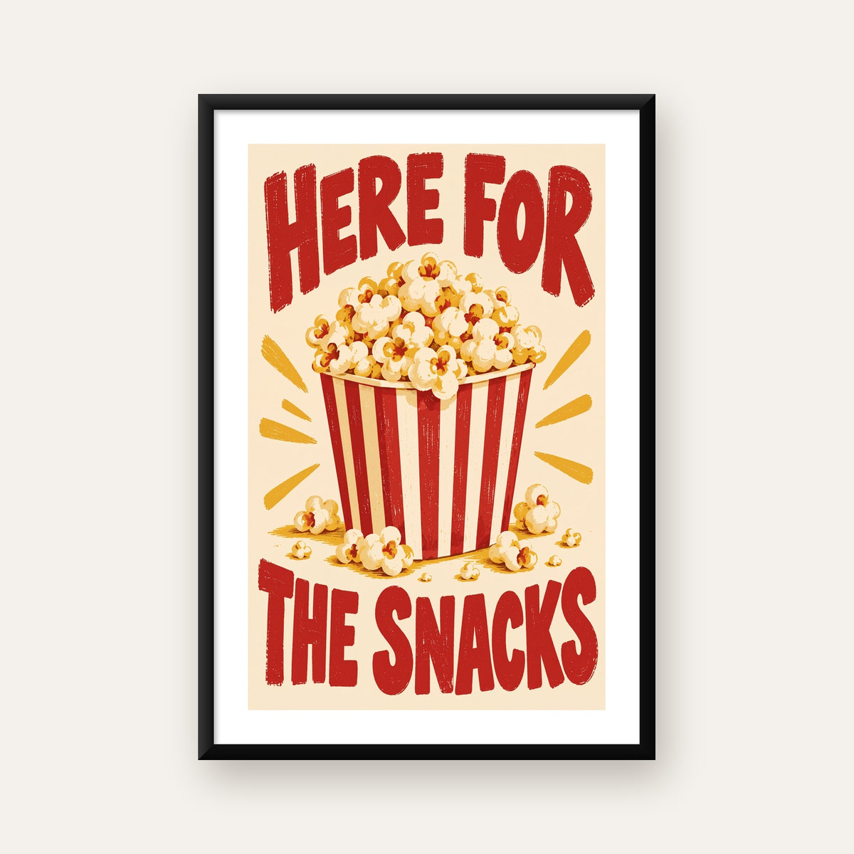 Here for the Snacks Vintage Patlamış Mısır Poster — beyaz paspartulu, düz siyah çerçeveli