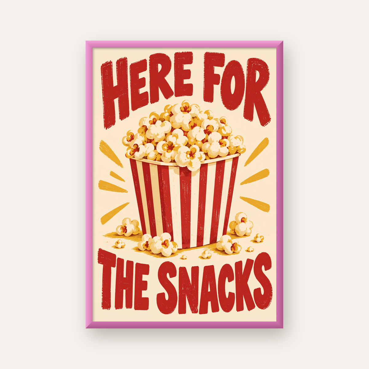 Here for the Snacks Vintage Patlamış Mısır Poster — pembe çerçeveli