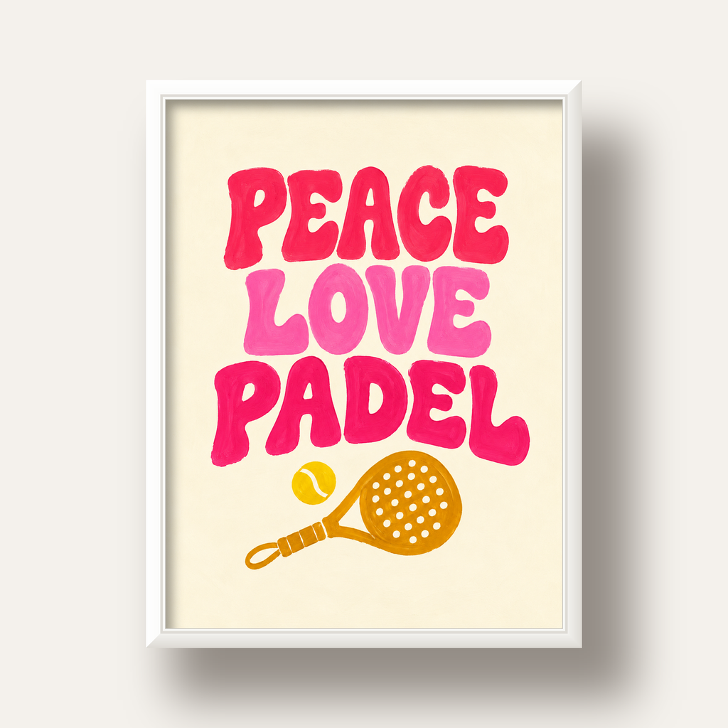 Peace Love Padel Poster – Eğlenceli Padel ve Barış Temalı Duvar Posteri — beyaz derin çerçeveli
