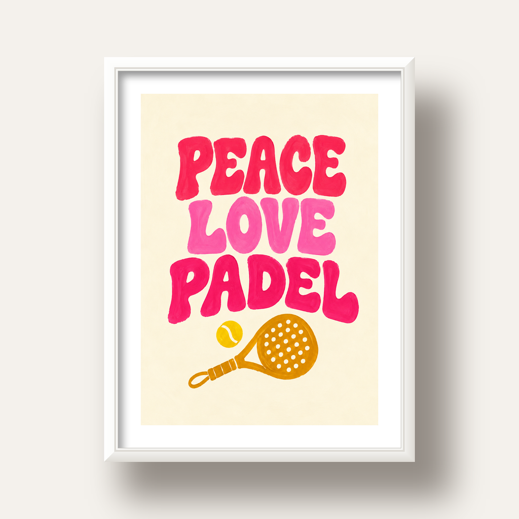 Peace Love Padel Poster – Eğlenceli Padel ve Barış Temalı Duvar Posteri — beyaz derin çerçeveli paspartulu