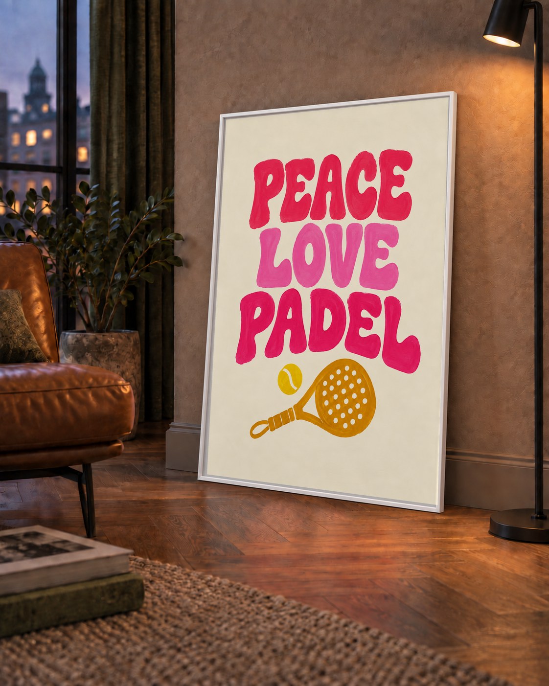 Peace Love Padel Poster – Eğlenceli Padel ve Barış Temalı Duvar Posteri — çerçeveli hâliyle bir ev duvarında