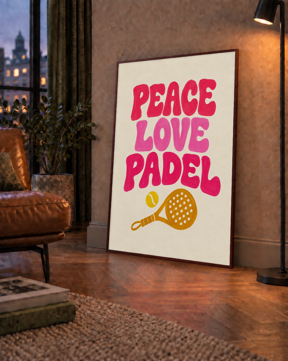 Peace Love Padel Poster – Eğlenceli Padel ve Barış Temalı Duvar Posteri — çerçeveli hâliyle bir ev duvarında