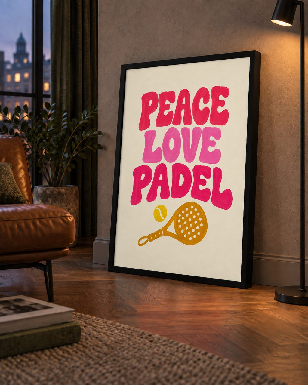Peace Love Padel Poster – Eğlenceli Padel ve Barış Temalı Duvar Posteri — çerçeveli hâliyle bir ev duvarında