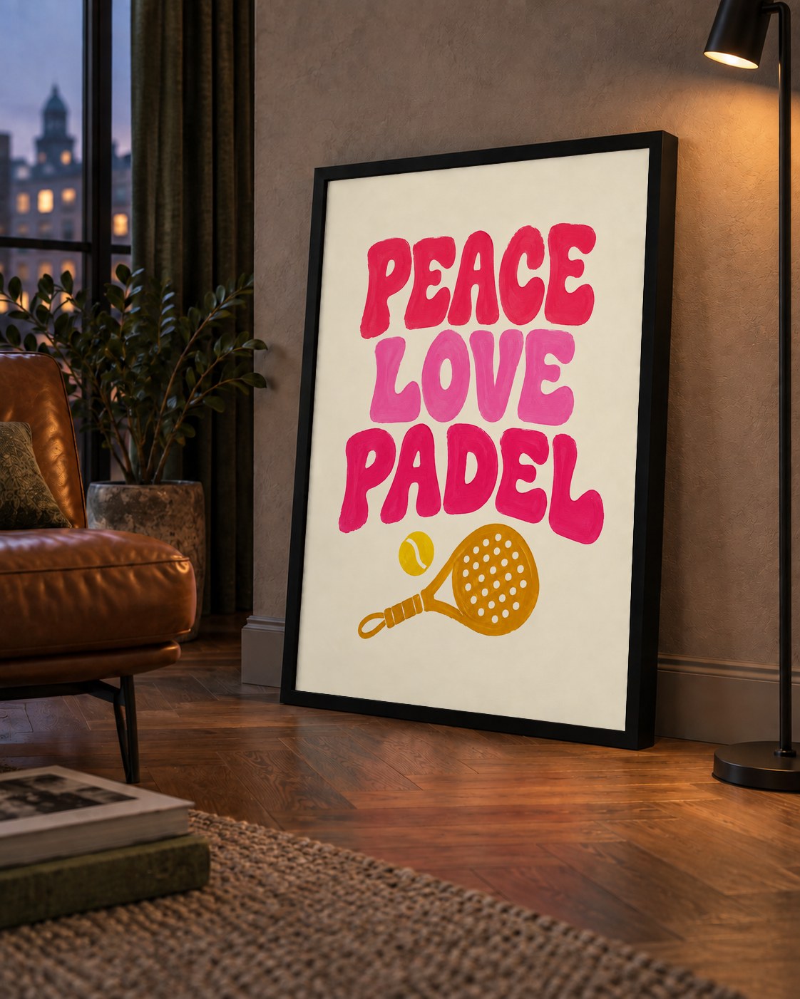 Peace Love Padel Poster – Eğlenceli Padel ve Barış Temalı Duvar Posteri — çerçeveli hâliyle bir ev duvarında