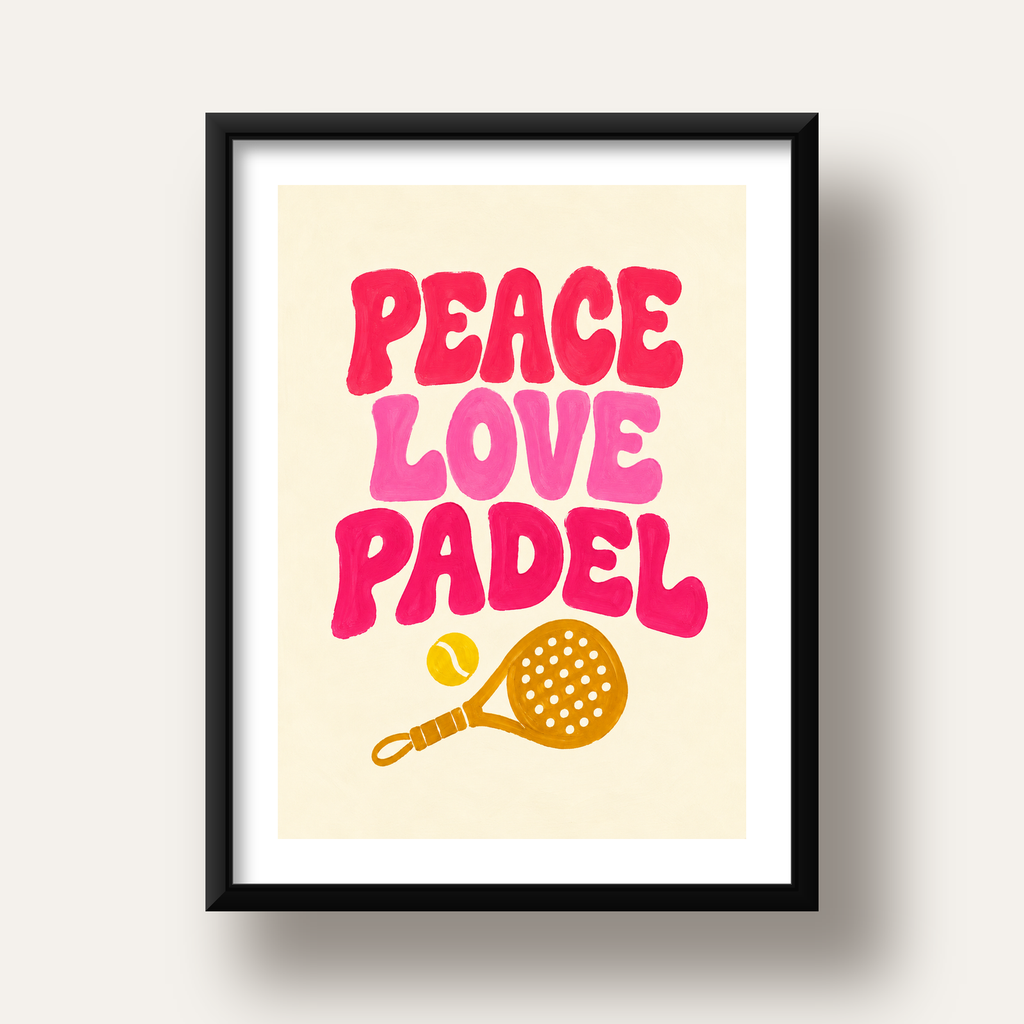 Peace Love Padel Poster – Eğlenceli Padel ve Barış Temalı Duvar Posteri — siyah derin çerçeveli paspartulu
