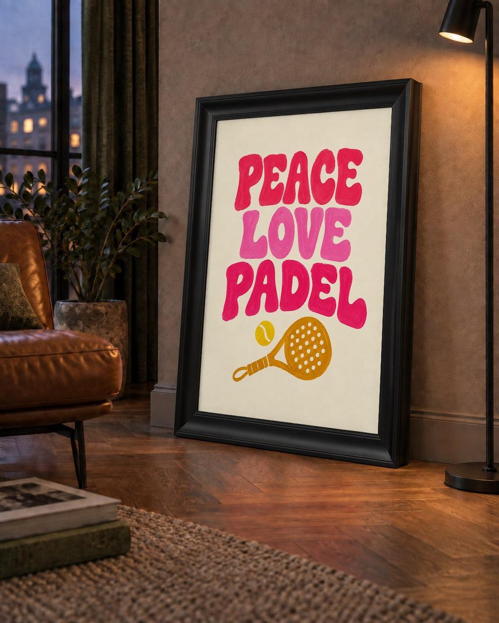 Peace Love Padel Poster – Eğlenceli Padel ve Barış Temalı Duvar Posteri — çerçeveli hâliyle bir ev duvarında