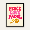 Peace Love Padel Poster – Eğlenceli Padel ve Barış Temalı Duvar Posteri — Dikey baskı, düz siyah çerçeveli duvar posteri
