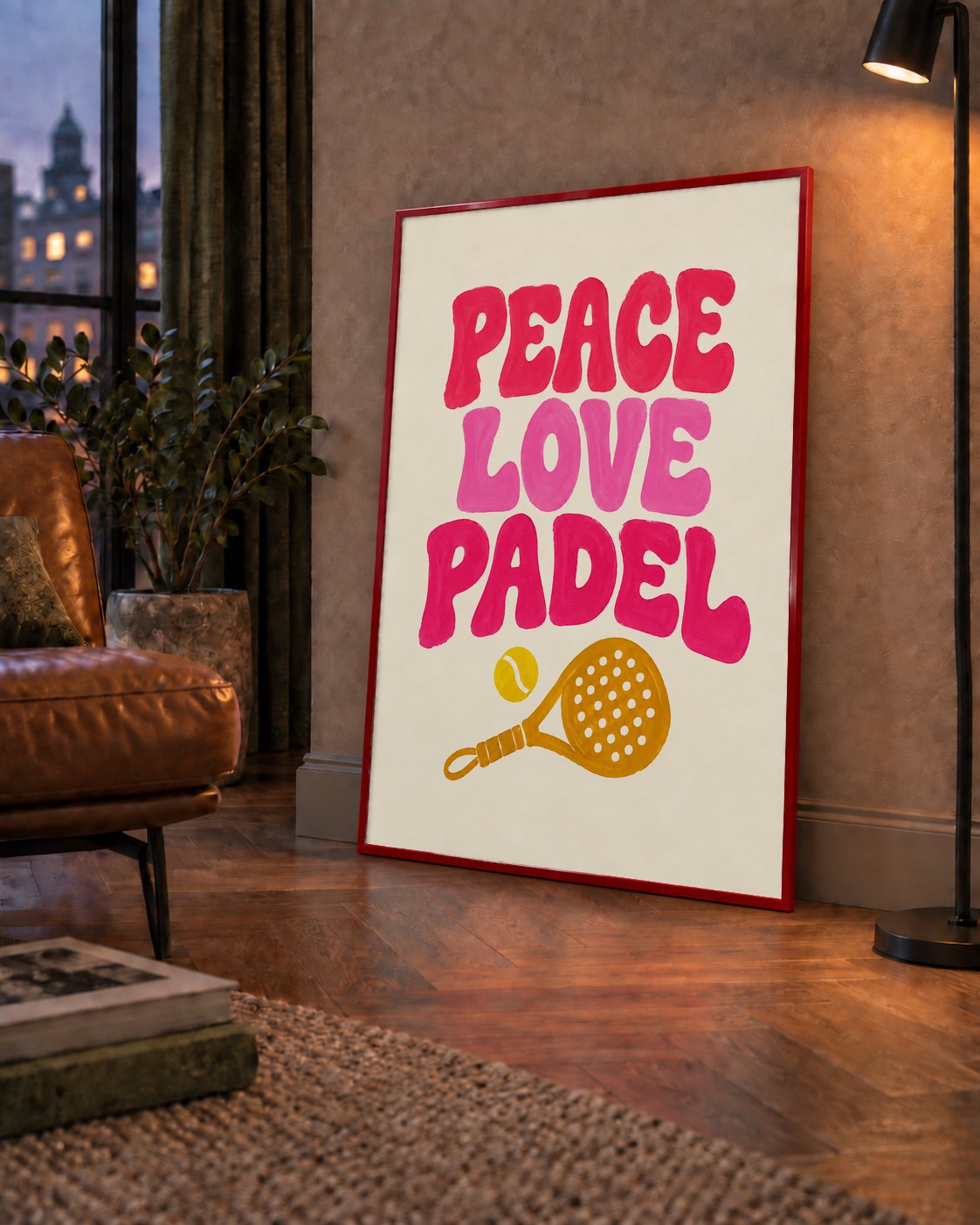 Peace Love Padel Poster – Eğlenceli Padel ve Barış Temalı Duvar Posteri — çerçeveli hâliyle bir ev duvarında