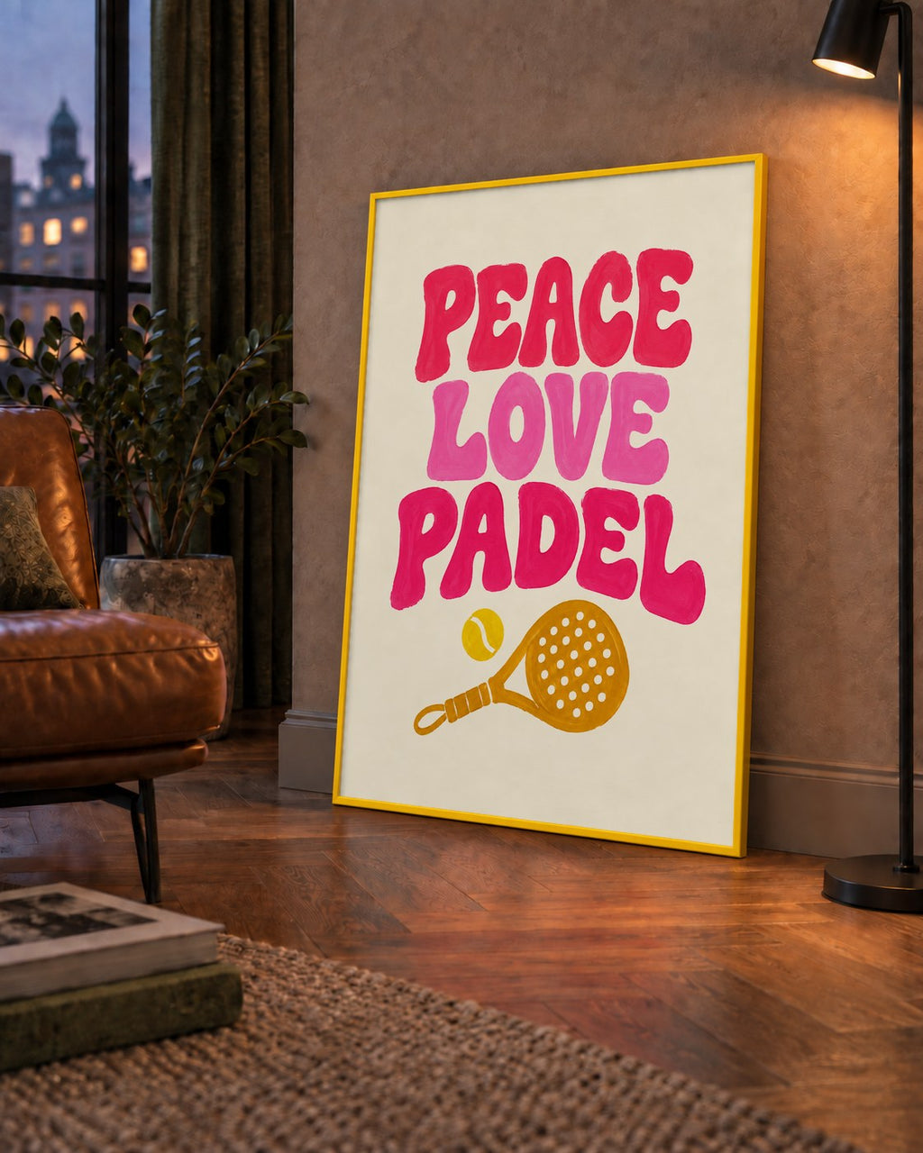 Peace Love Padel Poster – Eğlenceli Padel ve Barış Temalı Duvar Posteri — çerçeveli hâliyle bir ev duvarında