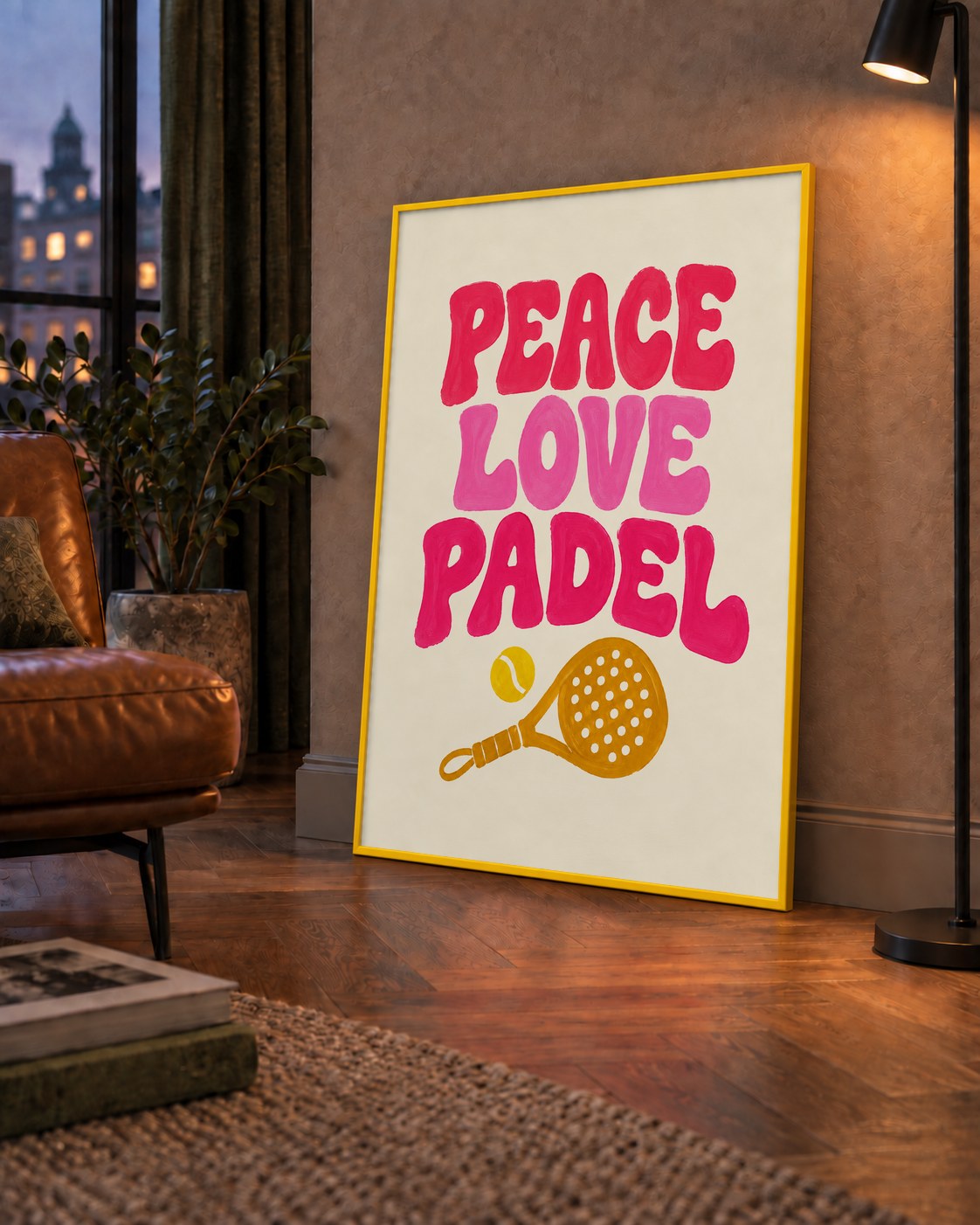 Peace Love Padel Poster – Eğlenceli Padel ve Barış Temalı Duvar Posteri — çerçeveli hâliyle bir ev duvarında