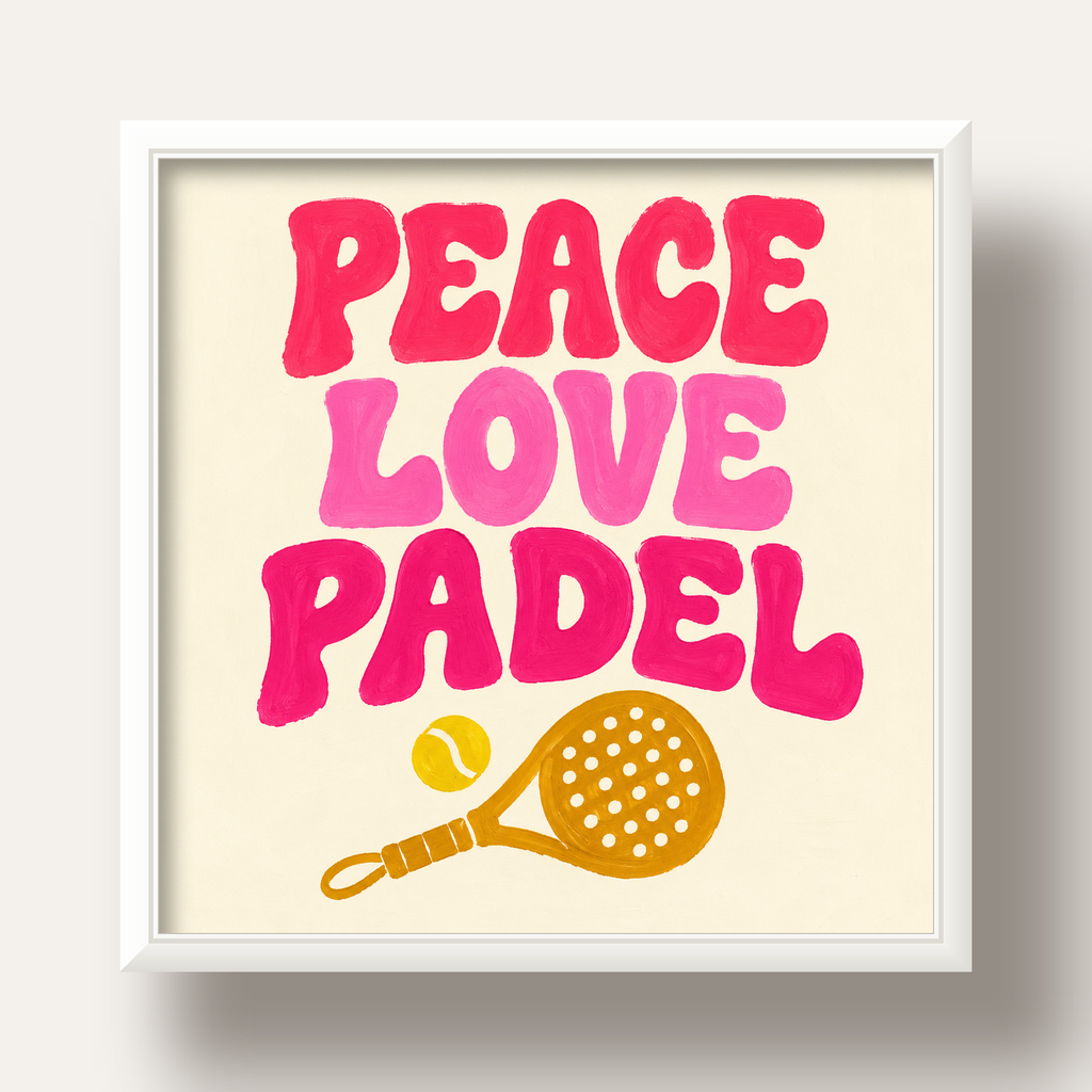 Peace Love Padel Poster – Eğlenceli Padel ve Barış Temalı Duvar Posteri — beyaz derin çerçeveli