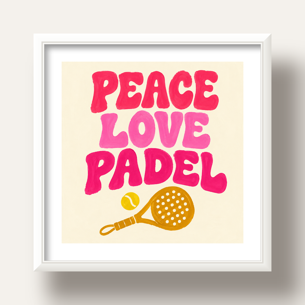 Peace Love Padel Poster – Eğlenceli Padel ve Barış Temalı Duvar Posteri — beyaz derin çerçeveli paspartulu