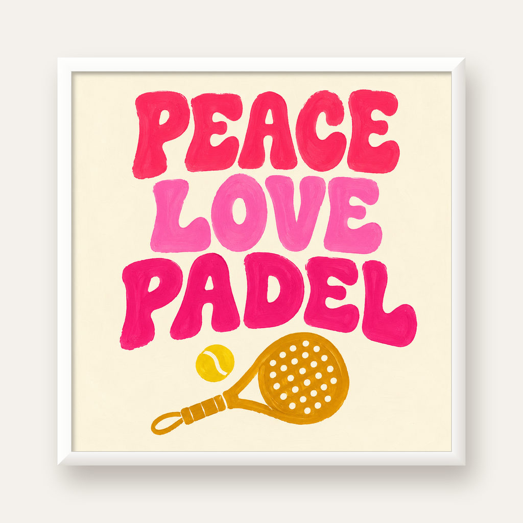 Peace Love Padel Poster – Eğlenceli Padel ve Barış Temalı Duvar Posteri — beyaz çerçeveli kare poster