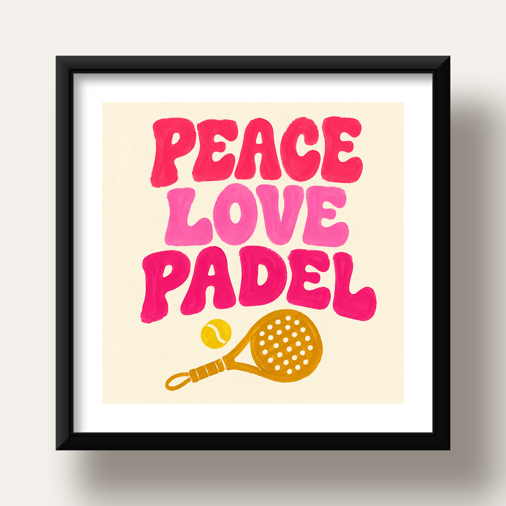 Peace Love Padel Poster – Eğlenceli Padel ve Barış Temalı Duvar Posteri — siyah derin çerçeveli paspartulu