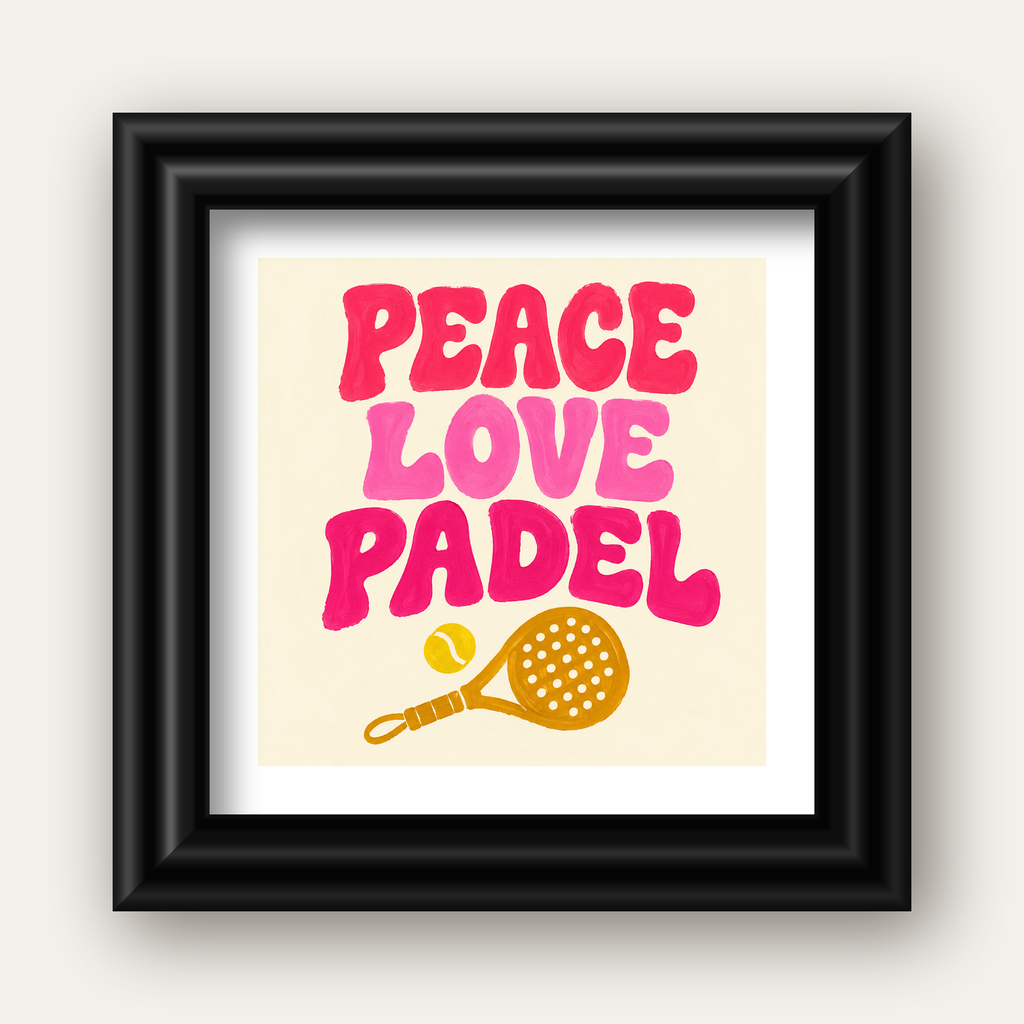 Peace Love Padel Poster – Eğlenceli Padel ve Barış Temalı Duvar Posteri — siyah galeri çerçeveli paspartulu