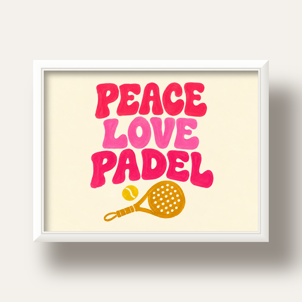 Peace Love Padel Poster – Eğlenceli Padel ve Barış Temalı Duvar Posteri — beyaz derin çerçeveli
