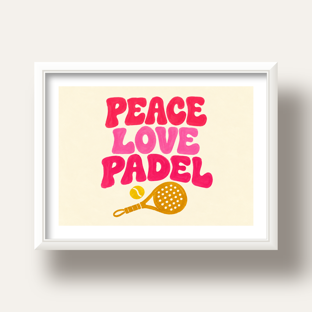 Peace Love Padel Poster – Eğlenceli Padel ve Barış Temalı Duvar Posteri — beyaz derin çerçeveli paspartulu