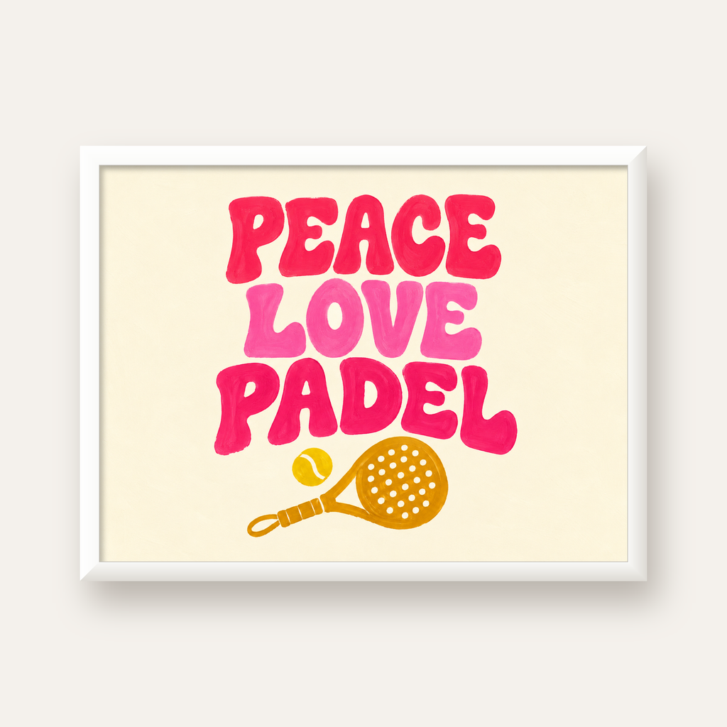 Peace Love Padel Poster – Eğlenceli Padel ve Barış Temalı Duvar Posteri — beyaz çerçeveli yatay poster