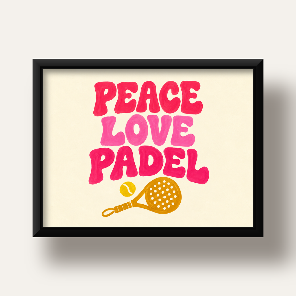 Peace Love Padel Poster – Eğlenceli Padel ve Barış Temalı Duvar Posteri — siyah derin çerçeveli