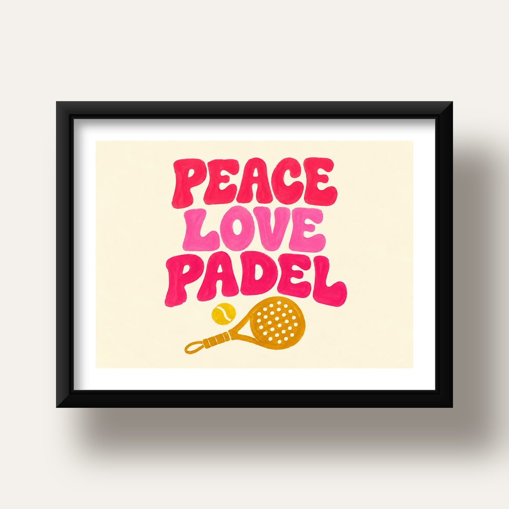 Peace Love Padel Poster – Eğlenceli Padel ve Barış Temalı Duvar Posteri — siyah derin çerçeveli paspartulu