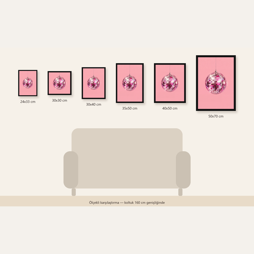 Pembe Diskokugusu Modern Minimal Poster Duvar Dekoru — 24×33 cm'den 50×70 cm'e, altı ölçünün karşılaştırması