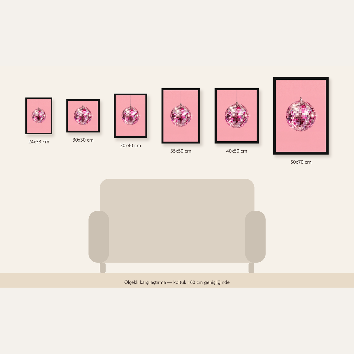Pembe Diskokugusu Modern Minimal Poster Duvar Dekoru — 24×33 cm'den 50×70 cm'e, altı ölçünün karşılaştırması