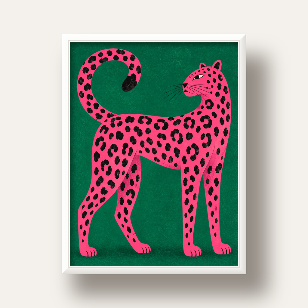 Yeşil Fonlu Pembe Leopar Modern Duvar Posteri — beyaz derin çerçeveli