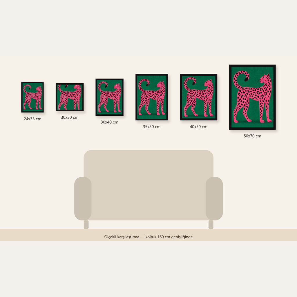 Yeşil Fonlu Pembe Leopar Modern Duvar Posteri — Dikey ölçülerinin karşılaştırması
