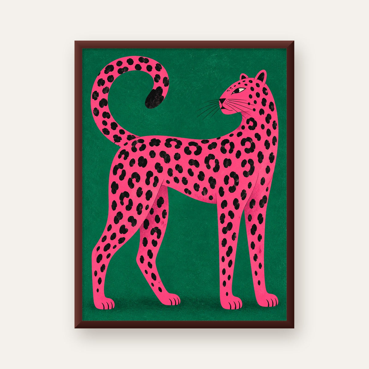 Yeşil Fonlu Pembe Leopar Modern Duvar Posteri — ceviz çerçeveli
