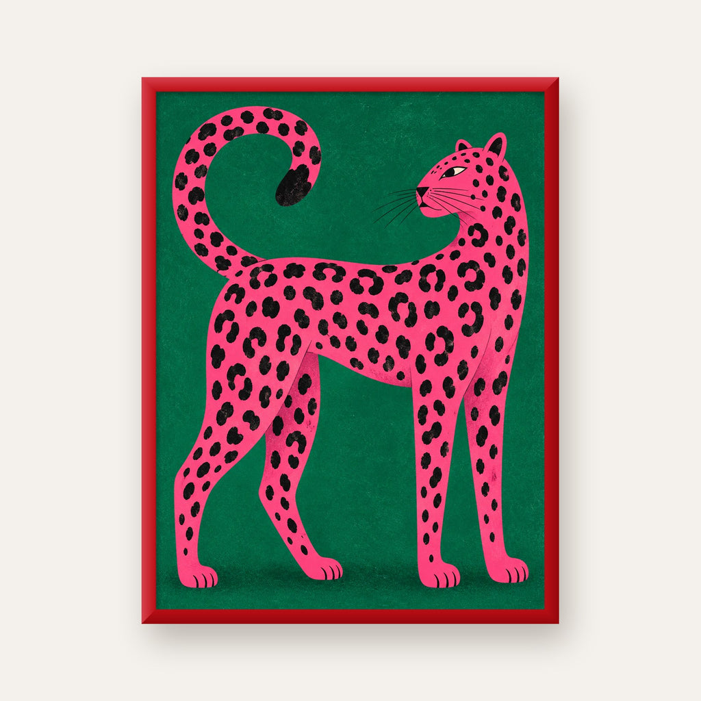 Yeşil Fonlu Pembe Leopar Modern Duvar Posteri — kırmızı çerçeveli
