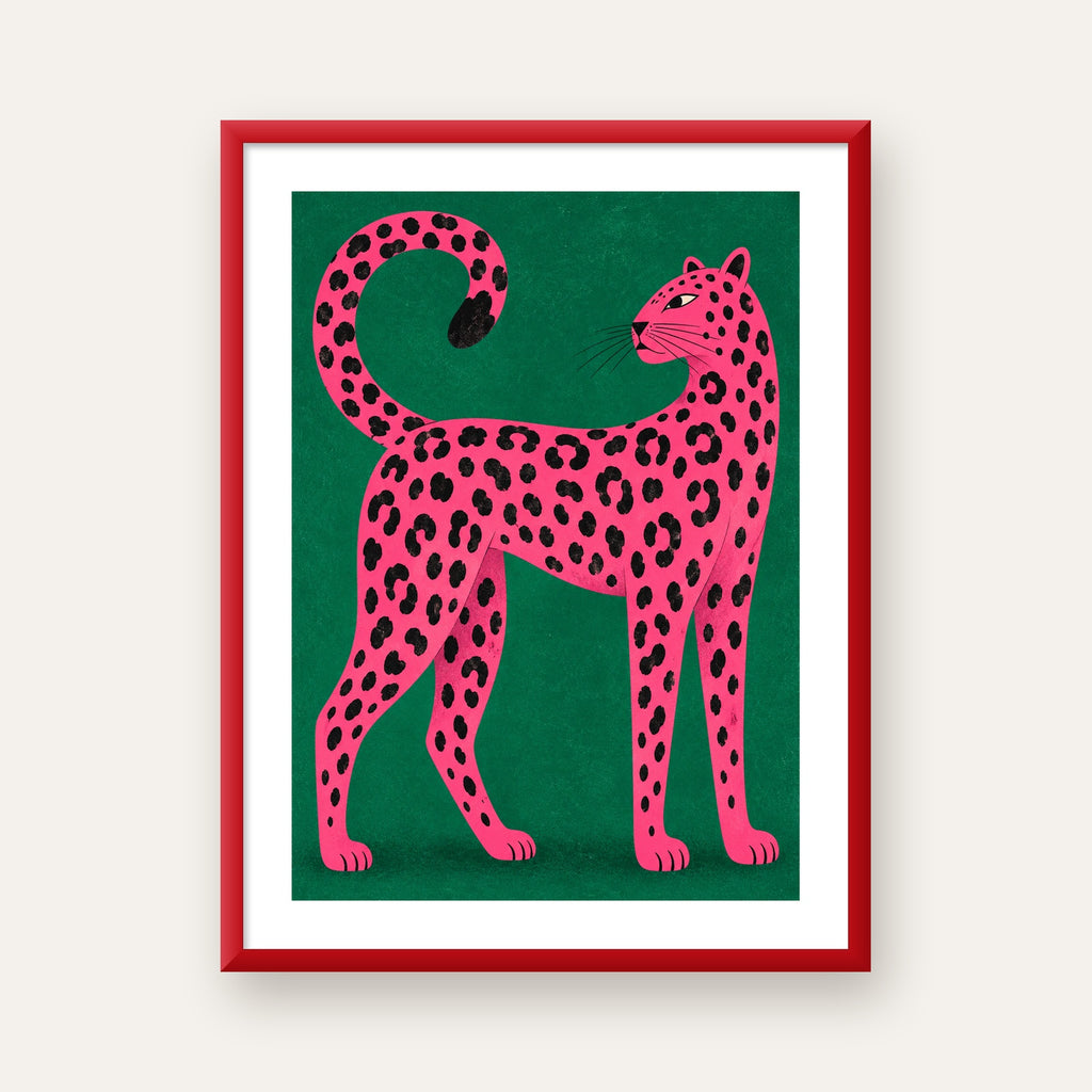 Yeşil Fonlu Pembe Leopar Modern Duvar Posteri — kırmızı çerçeveli paspartulu