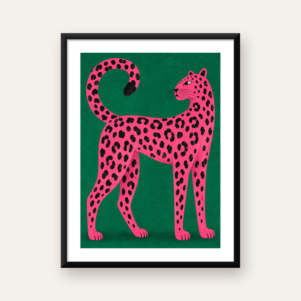 Yeşil Fonlu Pembe Leopar Modern Duvar Posteri — Dikey baskı, beyaz paspartulu