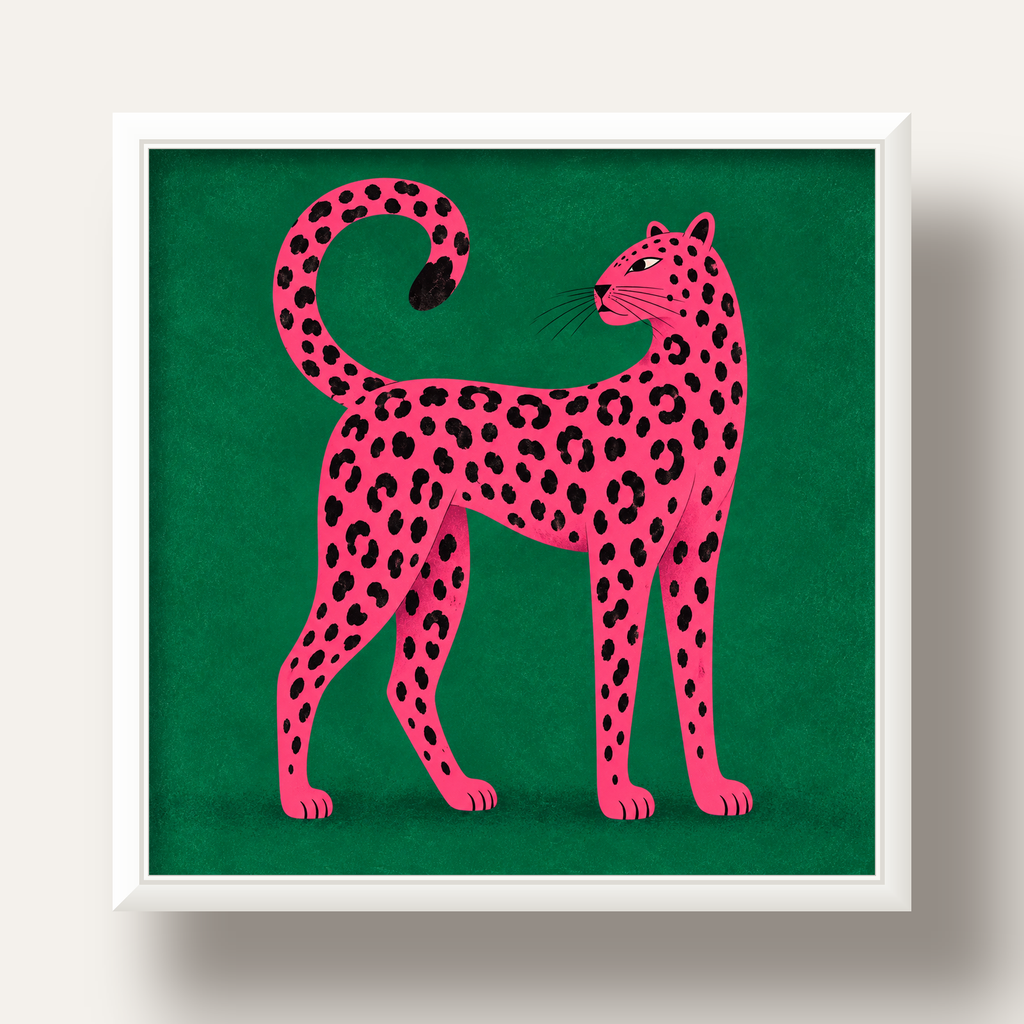 Yeşil Fonlu Pembe Leopar Modern Duvar Posteri — beyaz derin çerçeveli